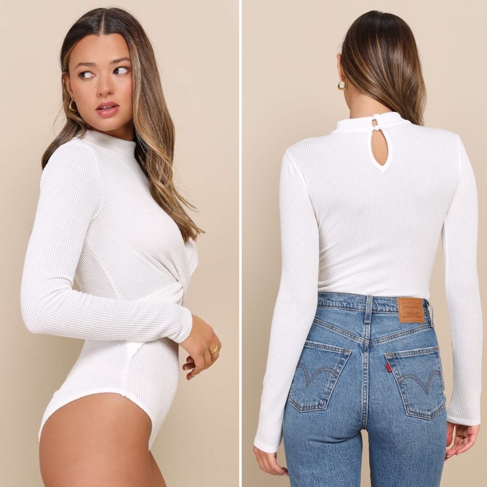 Lulus Twist Time Ivory Ribbed Twisted Mock Neck Long Sleeve Bodysuit Size XL